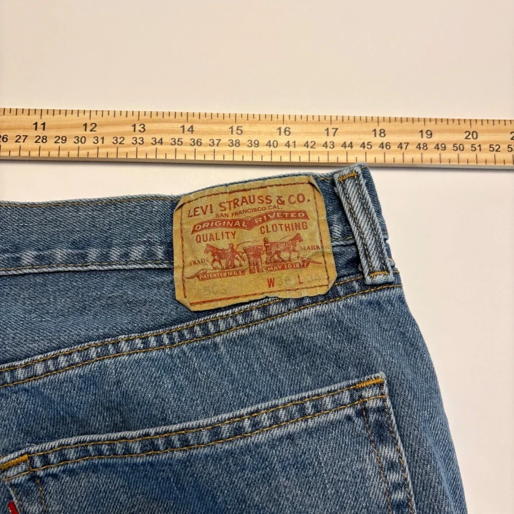 Levis 505 Straight Fit Jeans Mens 36x30 Blue Raw Hem Distressed Denim